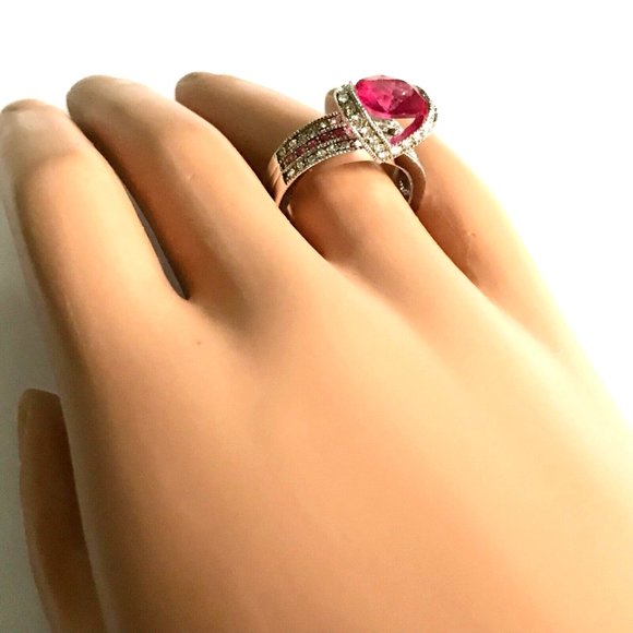 Pink Cubic Zirconia Art Deco Cocktail Ring Size 8 Statement Silver Plated - Picture 13 of 16